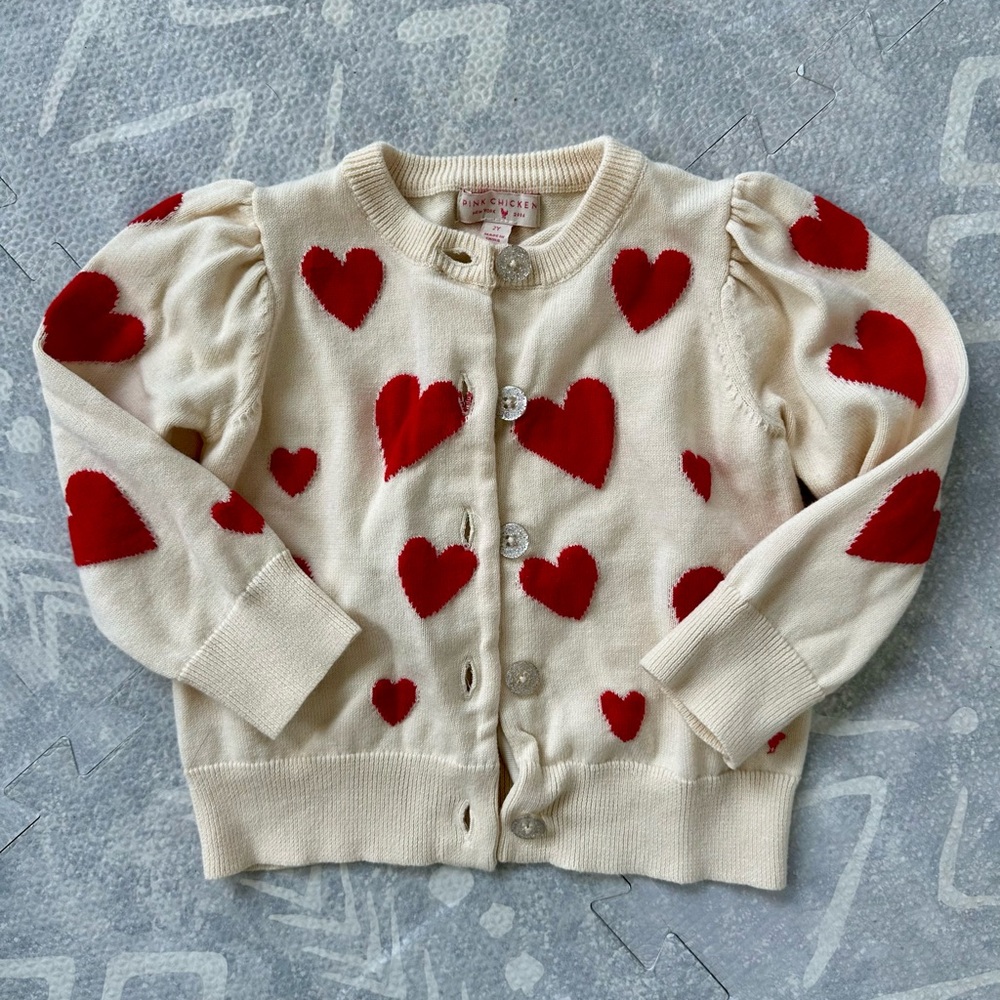 Pink Chicken l 2T l Cream Cardigan with Red Hearts